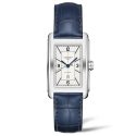 Longines, DolceVita with a 27.7 x 43.8mm rectangular case and a blue leather strap featuring a date function and a silver dial.