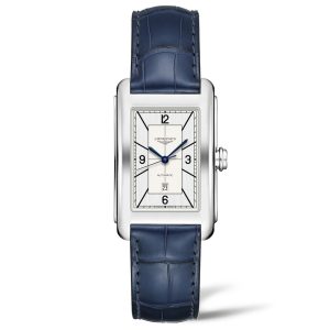 Longines, DolceVita with a 27.7 x 43.8mm rectangular case and a blue leather strap featuring a date function and a silver dial.