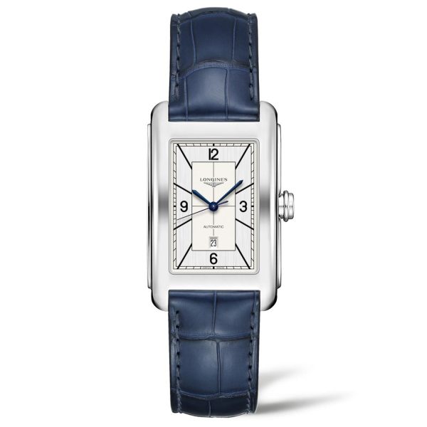 Longines, DolceVita with a 27.7 x 43.8mm rectangular case and a blue leather strap featuring a date function and a silver dial.