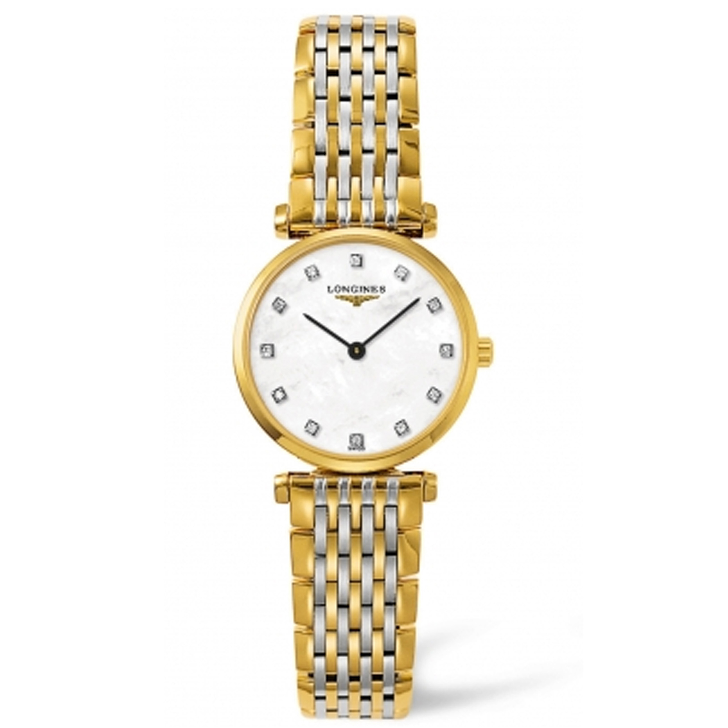 Longines, La Grande Classique with a 24mm stainless steel yellow PVD coated case and bracelet strap featuring a mother of pearl diamond set dial.