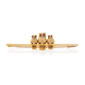 9ct Gold Ruby Triple Owl Bar Brooch