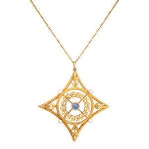 18ct Yellow Gold Edwardian Sapphire & Pearl Pendant & Chain