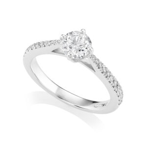 Platinum Brilliant Cut Diamond Single Stone Ring with Diamond Shoulders