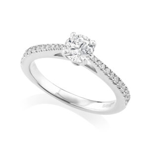 Platinum Round Brilliant Diamond Solitaire Ring with Diamond Shoulders