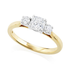 18ct Yellow & White Gold Three Stone Diamond Ring with Cushion & Brilliant Cut Diamonds