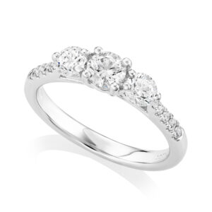 Platinum Round Brilliant Cut Three Stone Diamond Ring with Diamond Set Shoulders
