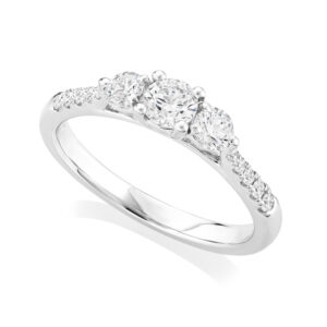 Platinum Round Brilliant Cut Three Stone Diamond Ring with Diamond Set Shoulders
