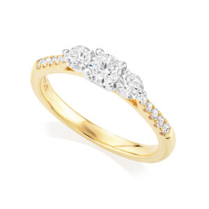 18ct Yellow & White Gold Round Brilliant Cut Three Stone Ring with Diamond Shoulders