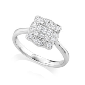 18ct White Gold Art Deco Style Baguette & Brilliant Cut Diamond Cluster Ring