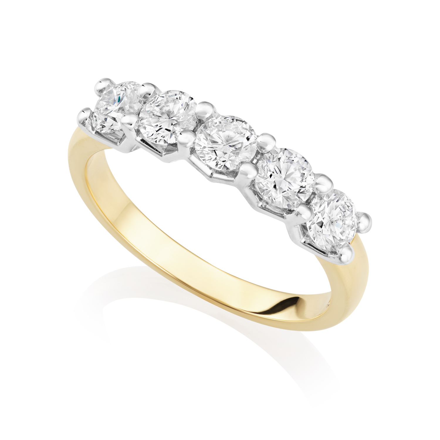 An 18ct gold and platinum five stone diamond half eternity ring, belonging to H. L. Brown's Volante collection.