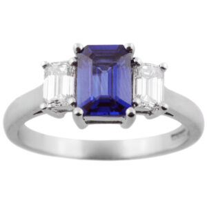 18ct White Gold Emerald Cut Sapphire & Diamond Three Stone Ring
