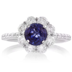 18ct White Gold Sapphire & Diamond Cluster Ring with Diamond Shoulders