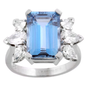18ct White Gold Emerald Cut Aquamarine & Diamond Dress Ring
