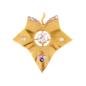 Late Victorian 18ct Yellow Gold Diamond, Ruby & Sapphire Leaf Brooch