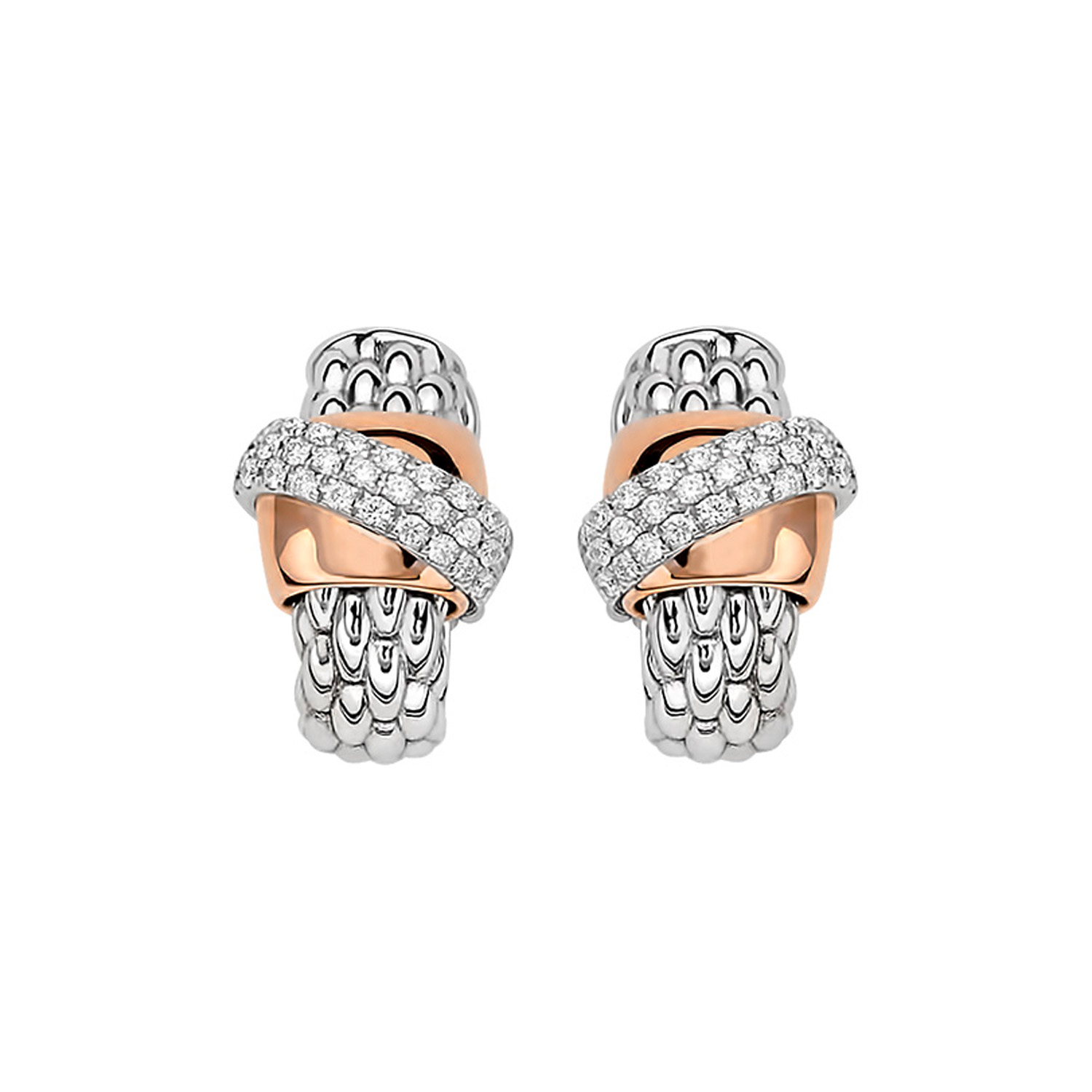 A pair of 18ct white and rose gold earrings with crossover, pave set diamonds for pierced ears, belonging to FOPE's Vendôme collection.