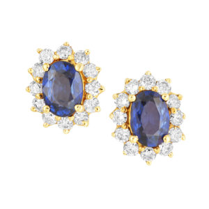 14ct Yellow Gold Oval Sapphire & Diamond Cluster Stud Earrings