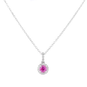 18ct White Gold Pink Sapphire & Diamond Cluster Pendant & Chain