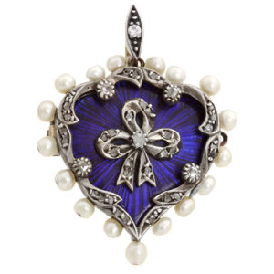Heart Shaped Diamond & Pearl Set Blue Enamelled Brooch/Pendant