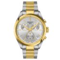 Tissot, PR 100 Chronograph with a 40mm stainless steel and yellow gold PVD coated case and bracelet strap featuring a date function, chronograph and a silver dial.