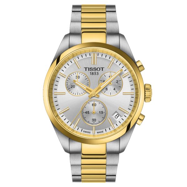 Tissot, PR 100 Chronograph with a 40mm stainless steel and yellow gold PVD coated case and bracelet strap featuring a date function, chronograph and a silver dial.