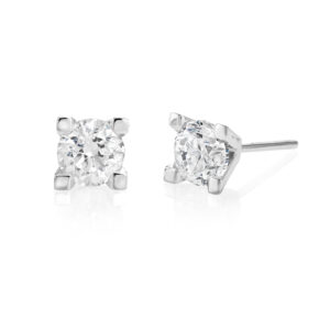A pair of 14ct white gold round brilliant cut diamond single stone stud earrings, for pierced ears.