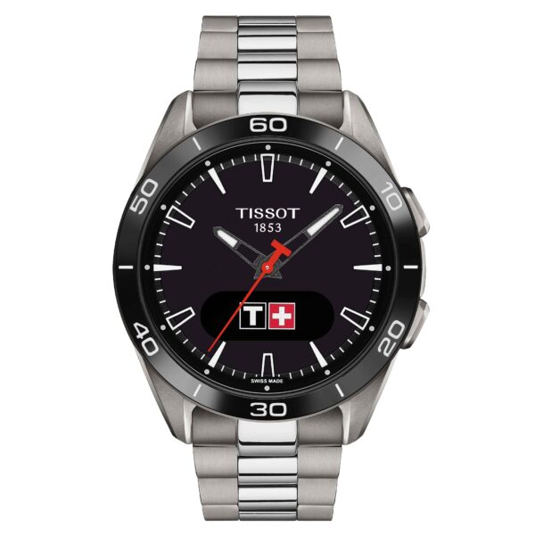 Tissot, T-Touch Connect Sport with a 43.7mm titanium case and bracelet strap featuring an AMOLED touchscreen display a black dial and black ceramic bezel.