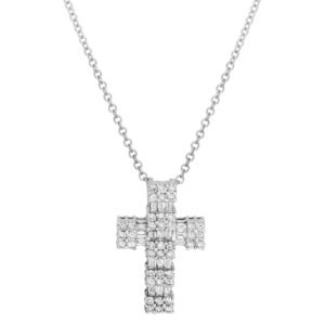 18ct White Gold Brilliant & Baguette Cut Diamond Cross Pendant & Chain