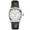 Hamilton, Khaki Field Murph with a 38mm stainless steel case and a black leather strap featuring a white arabic numeral dial.