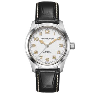 Hamilton, Khaki Field Murph with a 38mm stainless steel case and a black leather strap featuring a white arabic numeral dial.