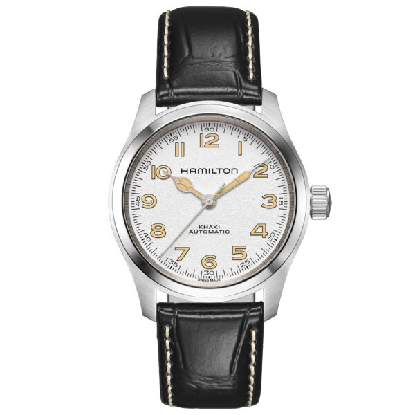 Hamilton, Khaki Field Murph with a 38mm stainless steel case and a black leather strap featuring a white arabic numeral dial.