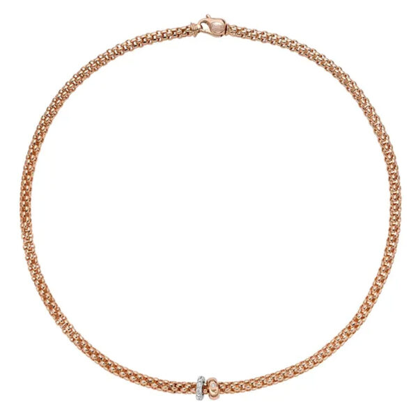 An 18ct rose and white gold Flex'It necklace with two diamond set rondels, one in rose gold and one in white gold, belonging to FOPE's Solo Collection.