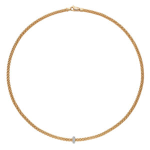 An 18ct rose gold Flex'It necklace with a single white gold diamond set rondel, belonging to FOPE's Prima Collection.