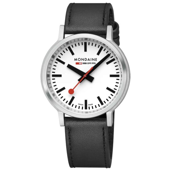 Mondaine, Stop2Go with a 41mm stainless steel case and a black vegan grape leather strap featuring a white dial.