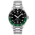 Tissot, Seastar 1000 GMT with a 40mm stainless steel case and bracelet strap featuring a date function and GMT complication with a black dial and a black and green bezel.