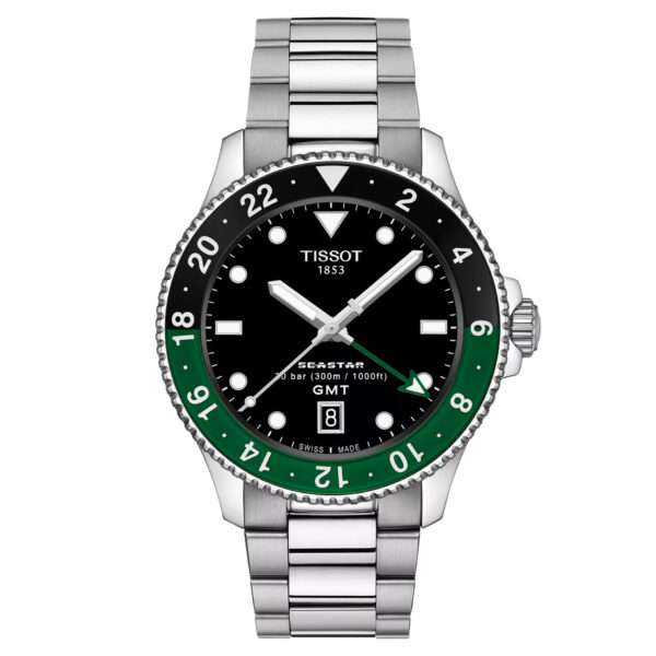 Tissot, Seastar 1000 GMT with a 40mm stainless steel case and bracelet strap featuring a date function and GMT complication with a black dial and a black and green bezel.