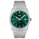 Tissot, PRX with a 40mm stainless steel case and bracelet strap featuring a date function and a green dial.