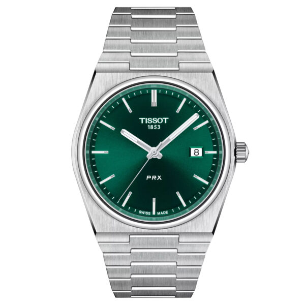 Tissot, PRX with a 40mm stainless steel case and bracelet strap featuring a date function and a green dial.