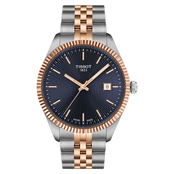 Tissot, Ballade with a 40mm stainless steel and rose gold PVD coated case and bracelet strap featuring a date function with a navy blue guilloché dial.