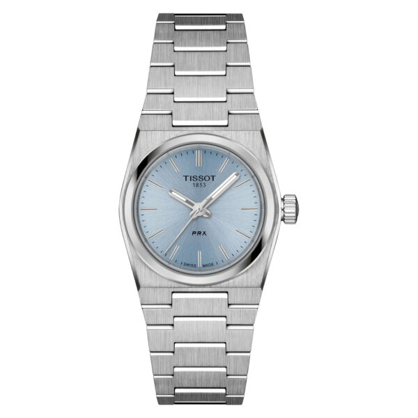 Tissot, PRX with a 25mm stainless steel case and bracelet strap featuring a blue dial.