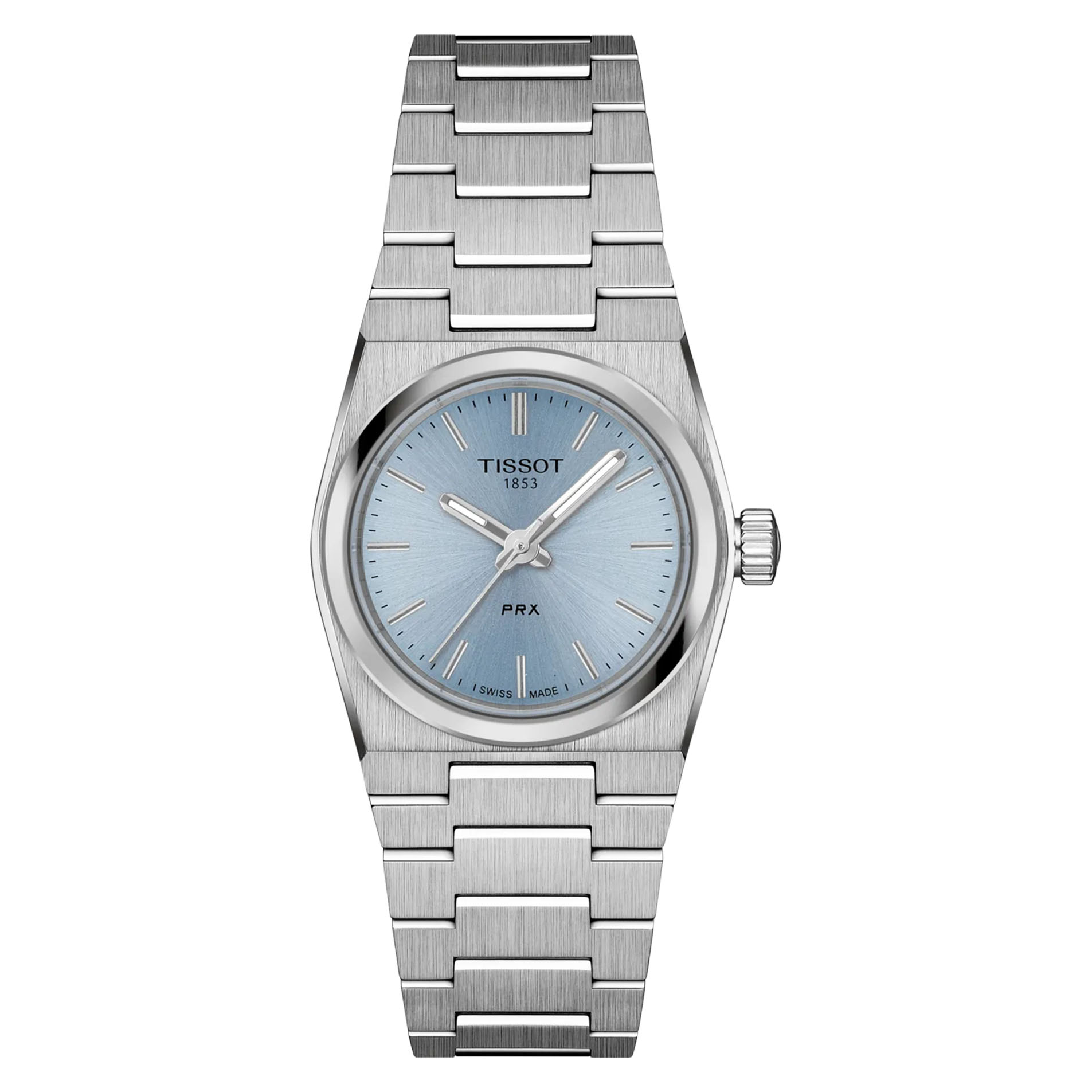 Tissot, PRX with a 25mm stainless steel case and bracelet strap featuring a blue dial.