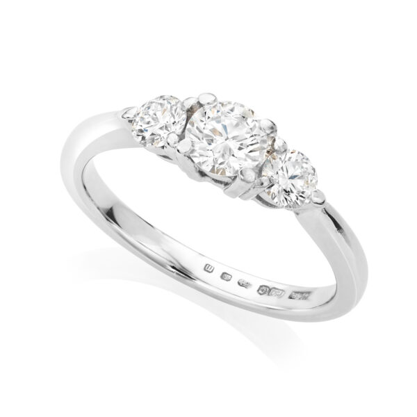An 18ct white gold round brilliant cut diamond three stone ring. Hallmarked Birmingham 2011. H L Brown sponsor.