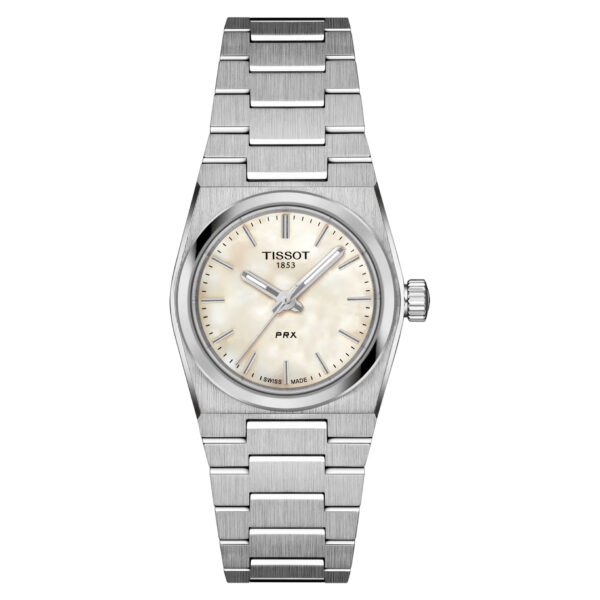Tissot, PRX with a 25mm stainless steel case and bracelet strap featuring a white mother of pearl dial.