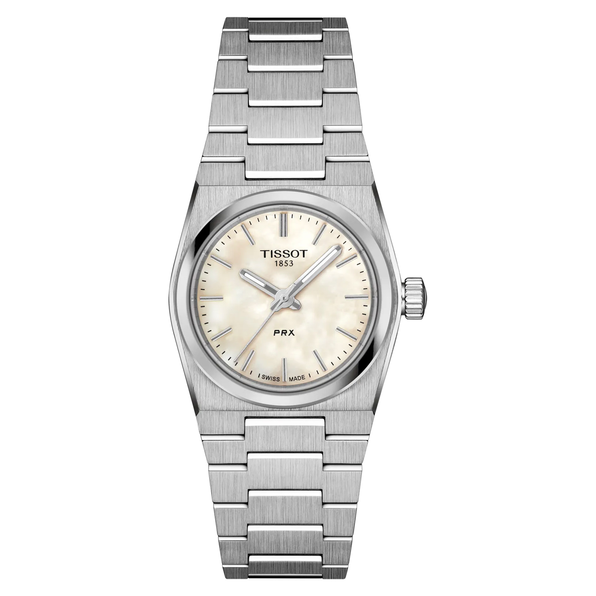 001-3613.jpg Tissot, PRX with a 25mm stainless steel case and bracelet strap featuring a white mother of pearl dial.