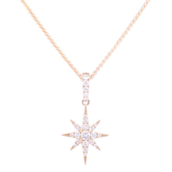 An 18ct yellow gold brilliant cut diamond set star pendant on a chain, featuring 24 diamonds.
