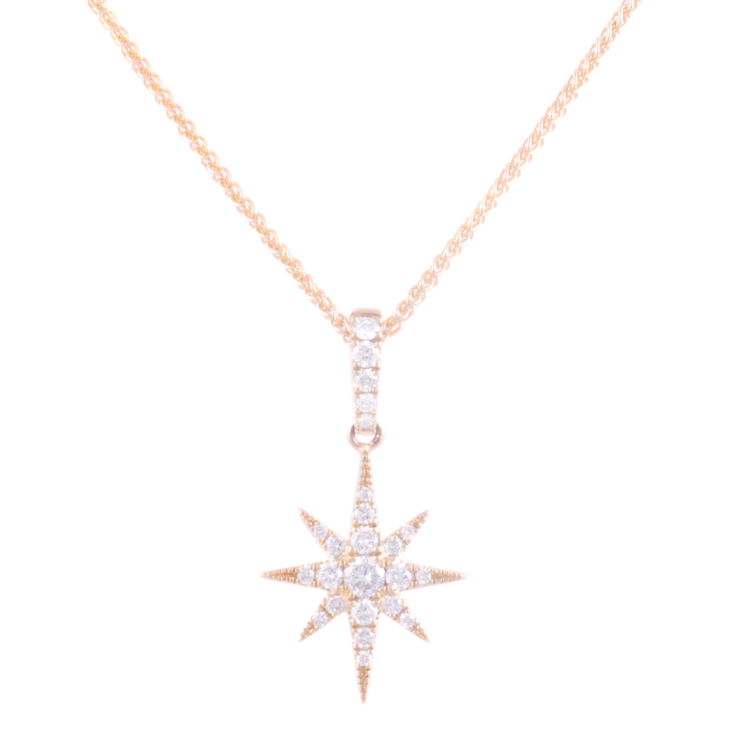 1701153.jpg An 18ct yellow gold brilliant cut diamond set star pendant on a chain, featuring 24 diamonds.