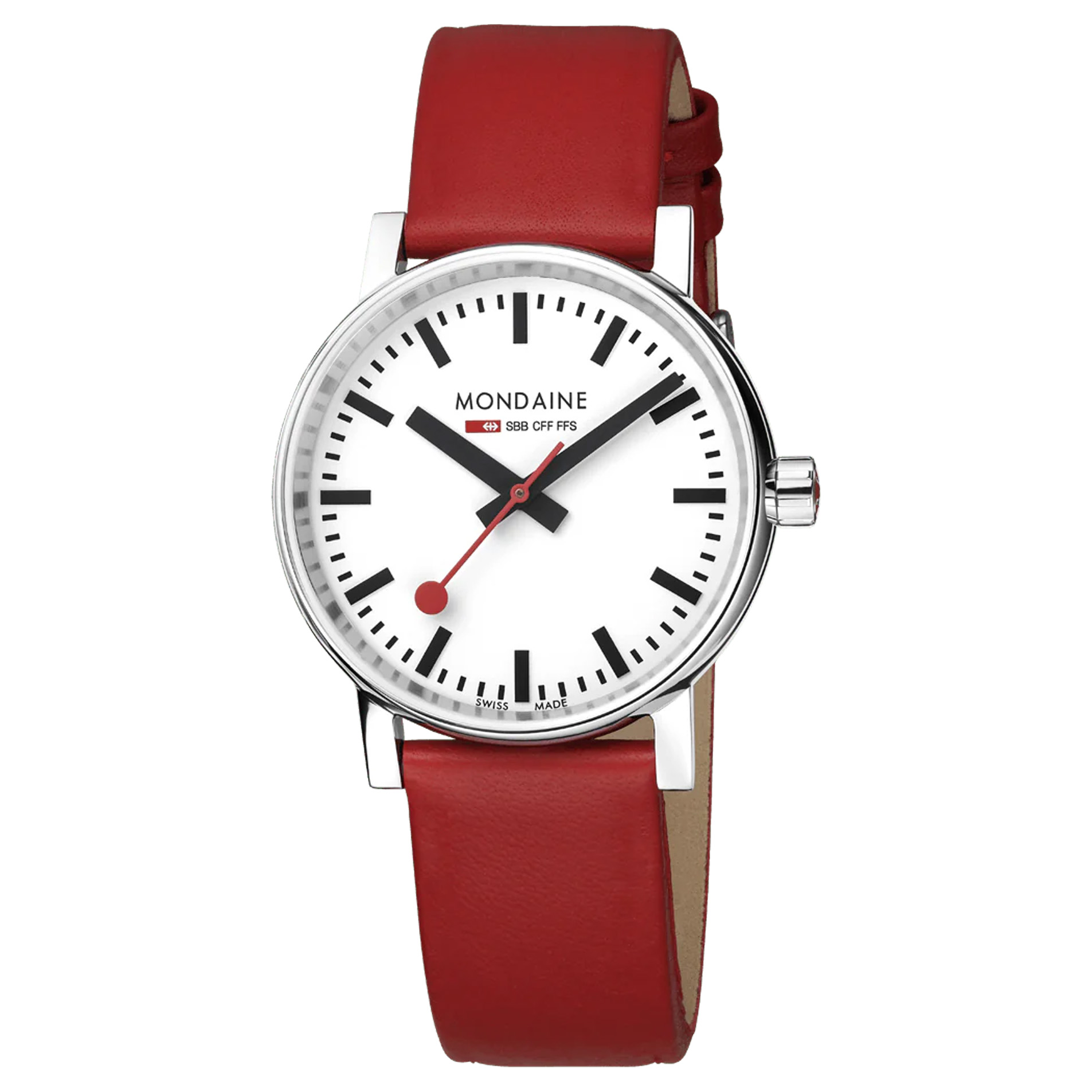 000-1855.jpg Mondaine, evo2 with a 35mm stainless steel case with a red vegan grape leather strap featuring a white dial.