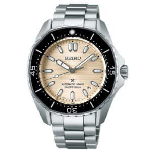 Seiko, Prospex 'Polygonal In Pearl White' with a 41.3mm stainless steel case and bracelet strap featuring a date function, a pearl white dial and a black bezel.