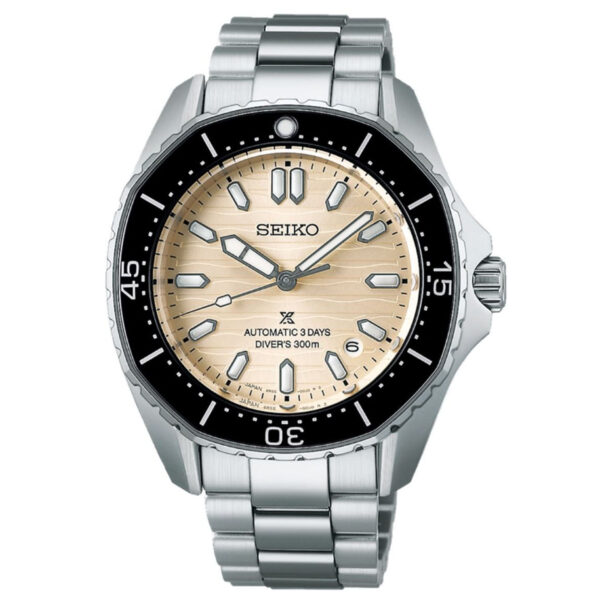 Seiko, Prospex 'Polygonal In Pearl White' with a 41.3mm stainless steel case and bracelet strap featuring a date function, a pearl white dial and a black bezel.