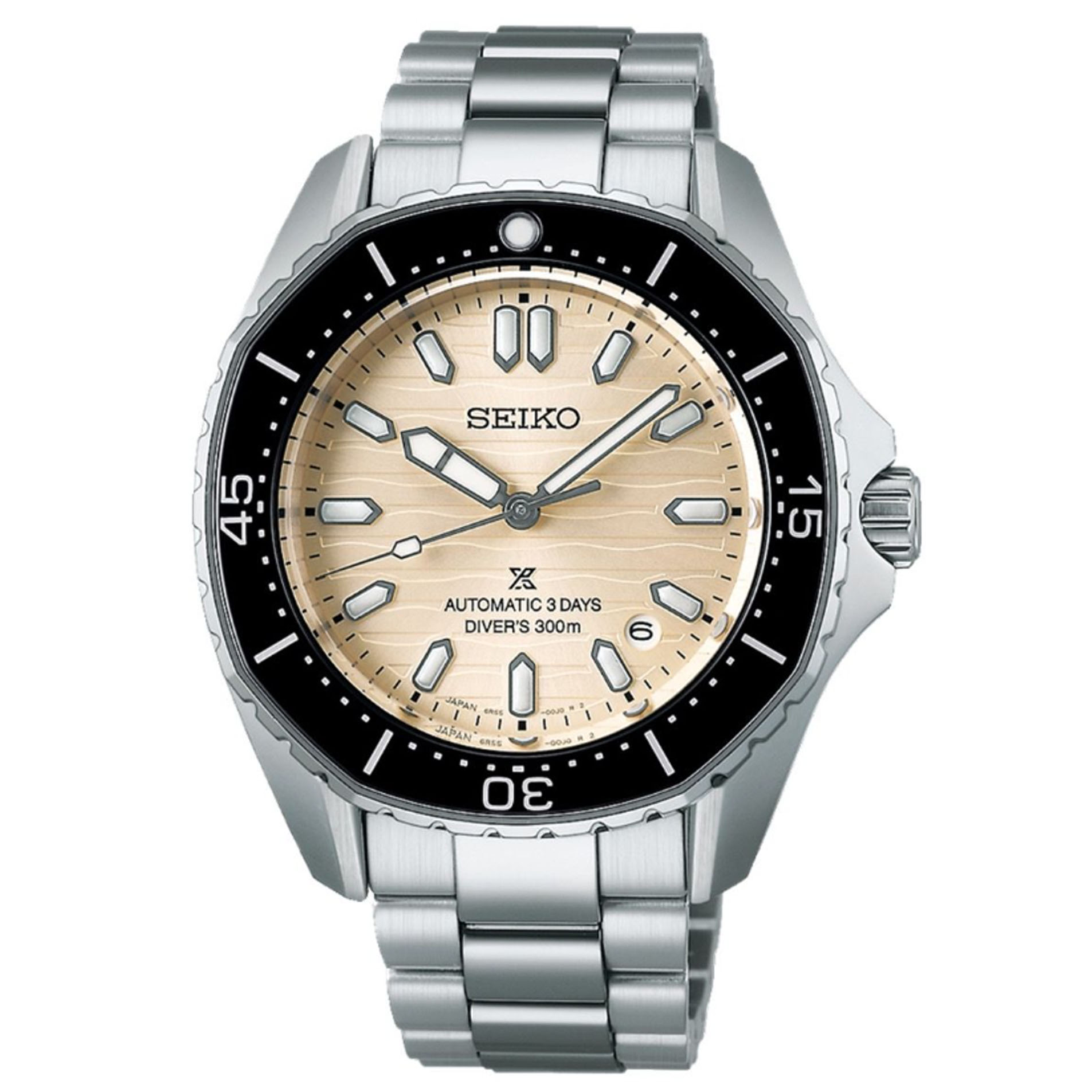 Seiko, Prospex 'Polygonal In Pearl White' with a 41.3mm stainless steel case and bracelet strap featuring a date function, a pearl white dial and a black bezel.