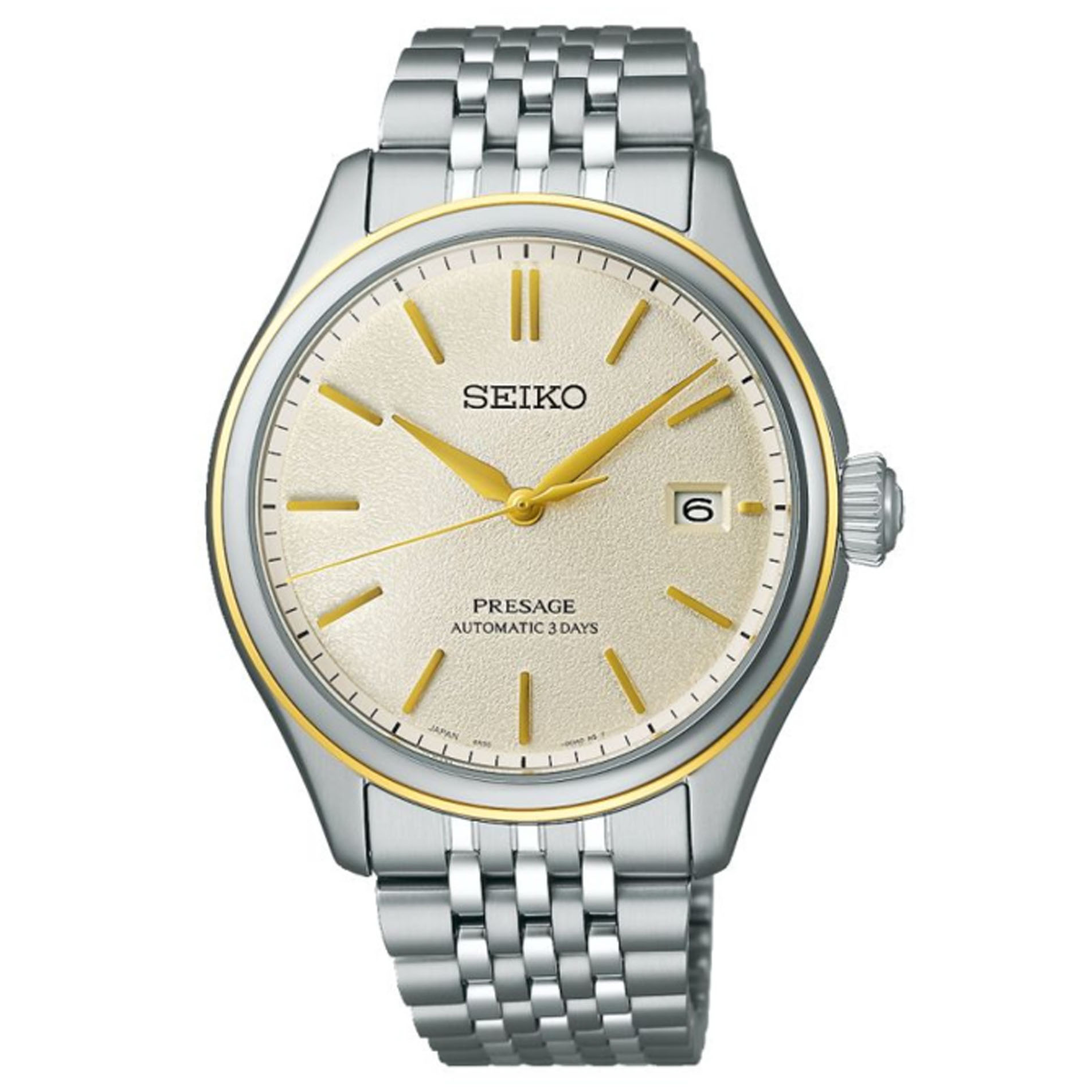 Seiko, Presage Classic Series in Delicate Cream Silk with a 40.2mm stainless steel case and bracelet strap featuring a date function and a champagne coloured dial.